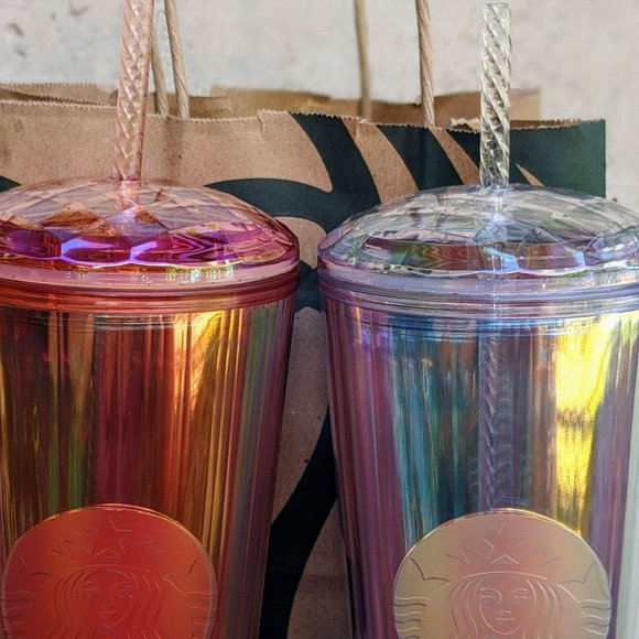2 Starbucks Iridescent Diamond Tumbler Rose Clear - Picture 2 of 9